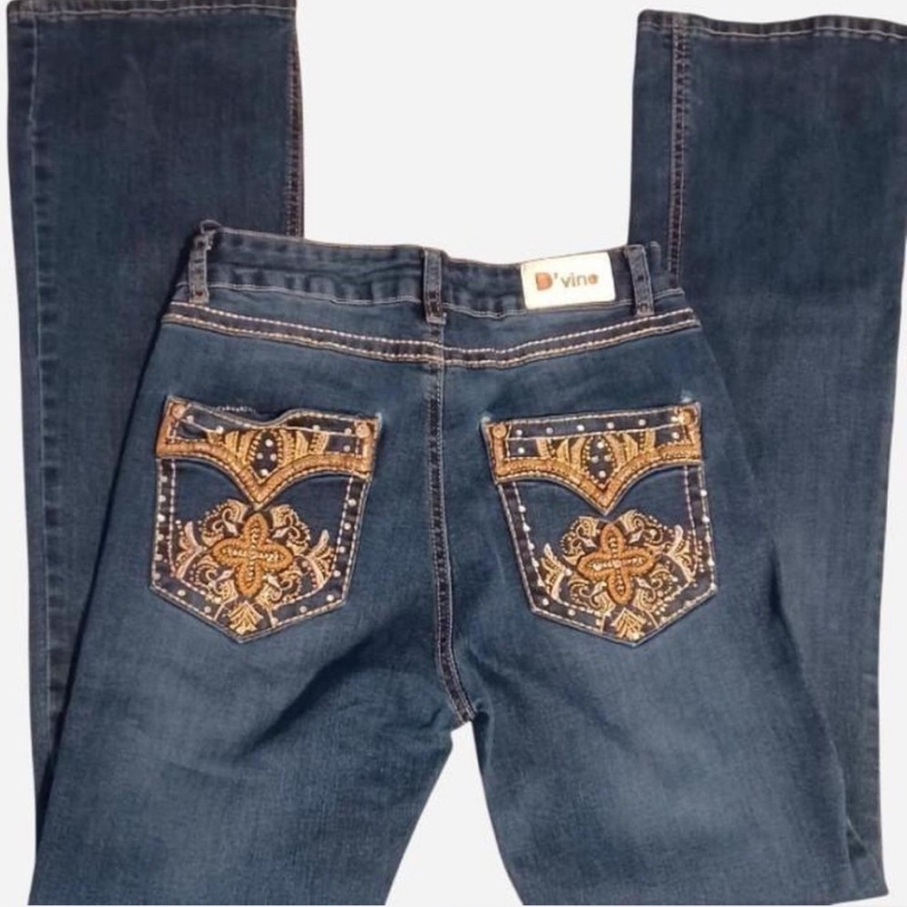 Women's Dark Blue Bootcut Jeans with Gold Embroidered Pockets